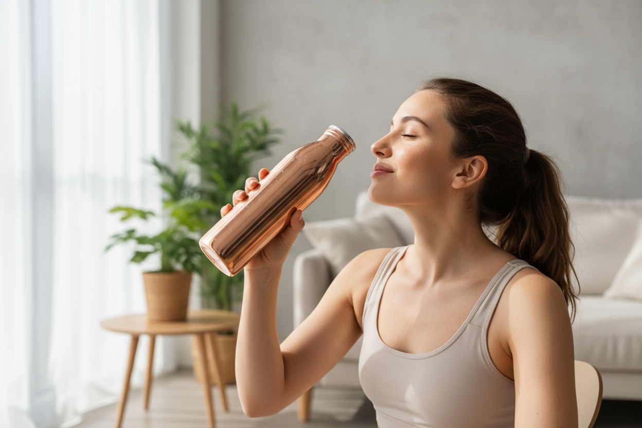 generate a image of girl drinking water from copper bottle