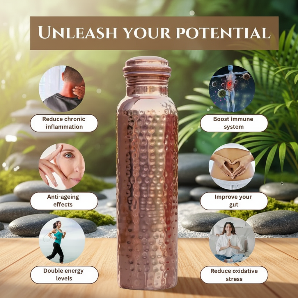 Hammered Pure Copper Water Bottle - 950 ml